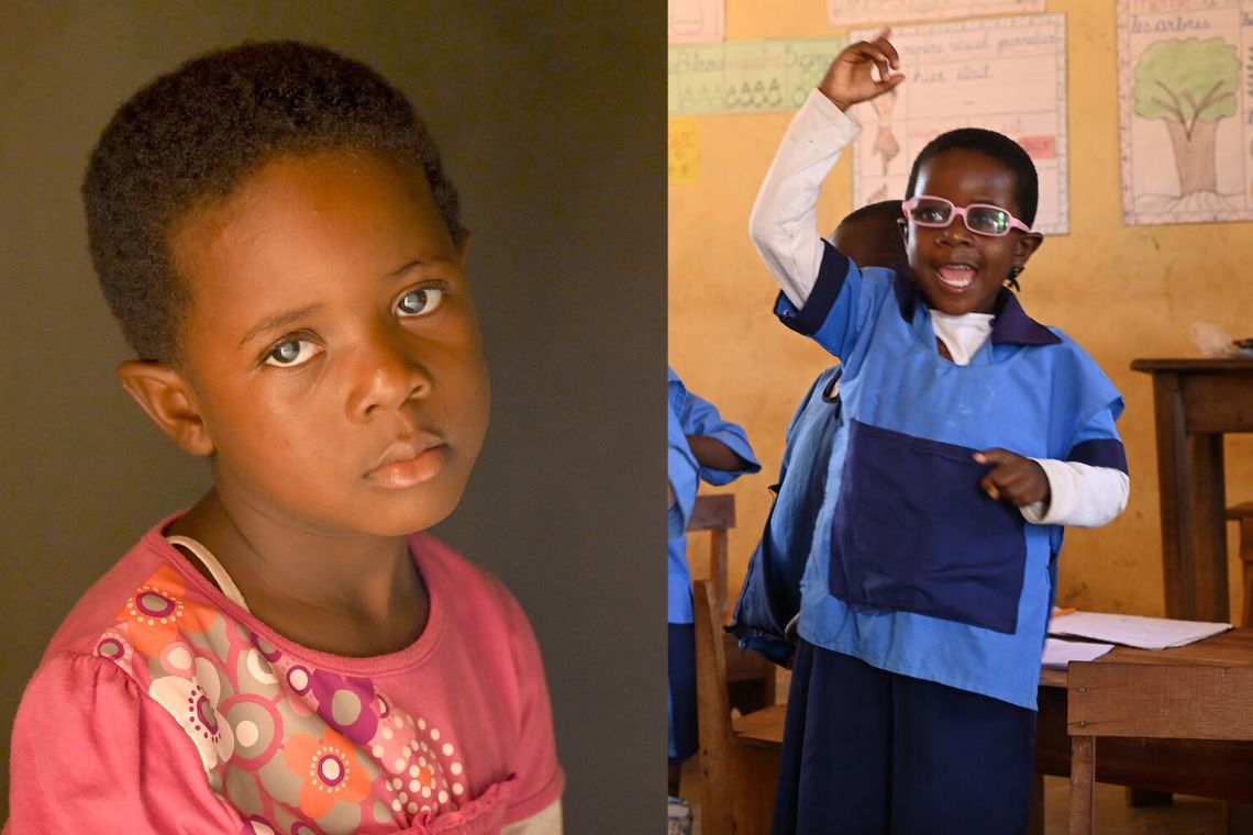 On the left, a portrait of a little girl without glasses; on the right, the same girl wearing glasses in her school uniform in the classroom.