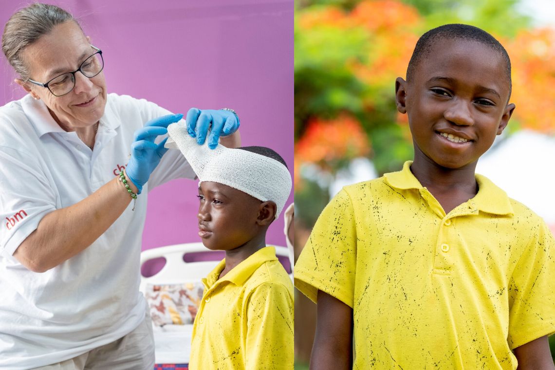 Left-hand picture: A woman is removing a boy’s head bandage. Right-hand picture: The same boy is standing in a park, smiling.