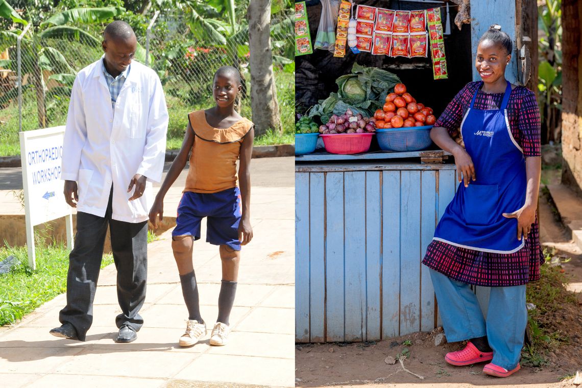 Picture on the left: A girl of about eleven with lower-leg prostheses is walking alongside a man in a white coat. Picture on the right: A young woman is standing in front of a wooden stall piled high with fruit and vegetables.