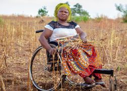 A woman sitting in a wheelchair in dry field. 