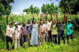 A group of farmers in front of a maize field 