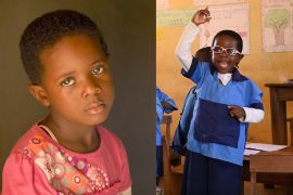On the left, a portrait of a little girl without glasses; on the right, the same girl wearing glasses in her school uniform in the classroom.