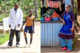 Picture on the left: A girl of about eleven with lower-leg prostheses is walking alongside a man in a white coat. Picture on the right: A young woman is standing in front of a wooden stall piled high with fruit and vegetables.
