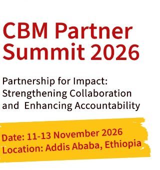 Promotional banner for the CBM Partner Summit 2026. On the left, a young child wearing a green sweater holds a long stick while standing outdoors on sandy ground. In the background, a second person wearing a red CBM-branded shirt appears to be assisting with the activity. <br/>On the right side of the banner, a white panel contains event information in large red and black text. The headline reads: “CBM Partner Summit 2026.” Below, the theme states: “Partnership for Impact: Strengthening Collaboration and Enhancing Accountability.” A yellow highlighted banner at the bottom displays the event details: “Date: 11–13 November 2026” and “Location: Addis Ababa, Ethiopia.” 