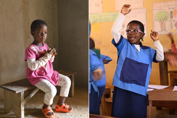 Ein etwa vierjähriges Mädchen sitzt auf einer Holzbank; im Bild daneben tanzt dasselbe Mädchen in Schuluniform im Klassenzimmer.