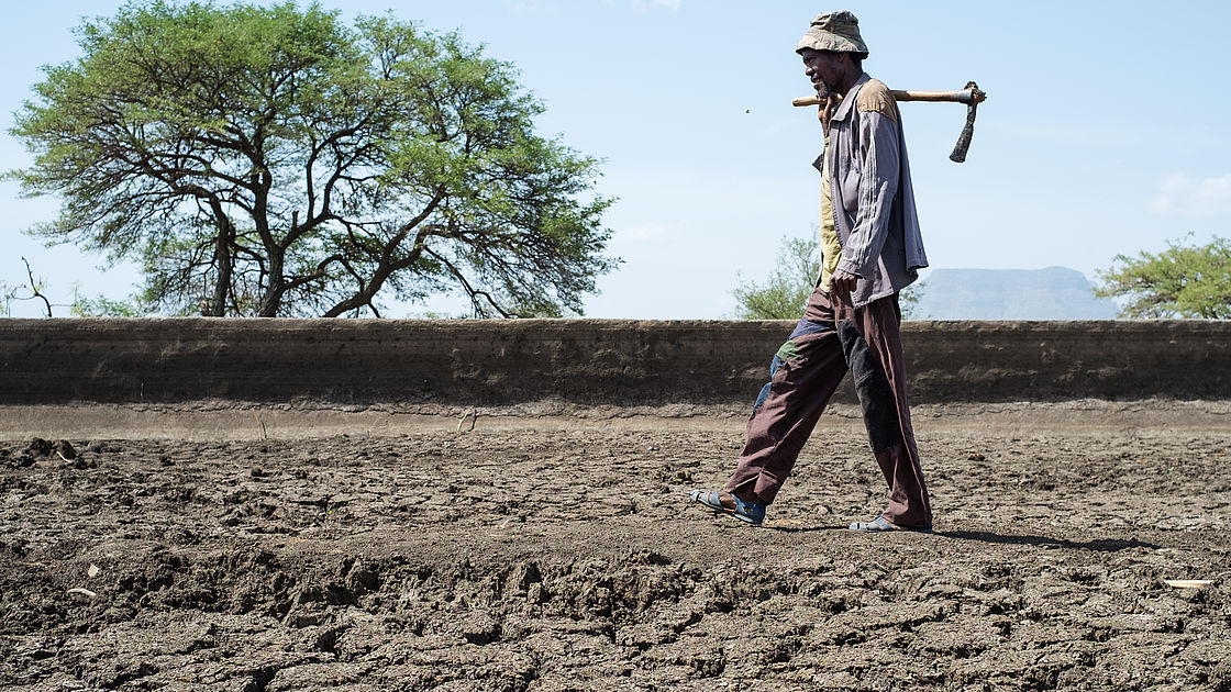 A man is walking on dry ground carrying a hoe.